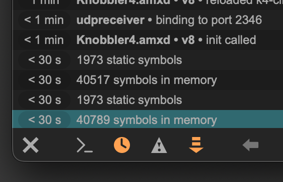 The Max console showing two pairs of '1973 static symbols' / '40517 symbols in memory' and '1973 static symbols' / '40789 symbols in memory' messages