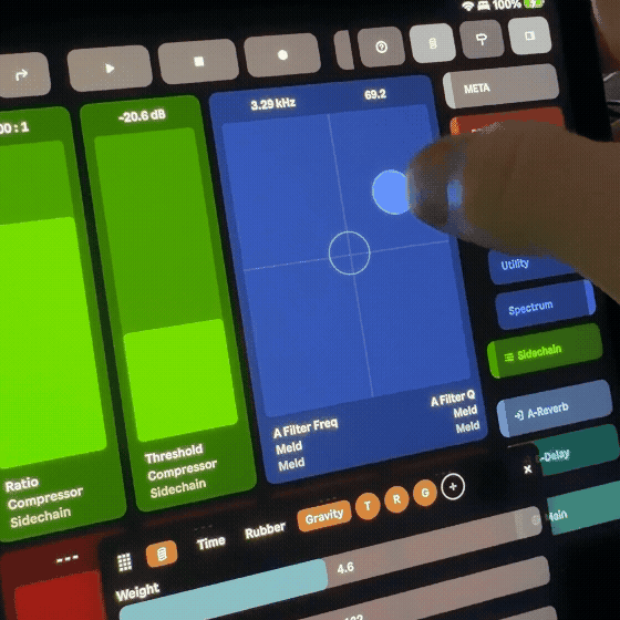 An XY pad on Knobbler: a finger flicks the dot and releases, and the dot coasts and settles under spring physics while the two mapped Ableton parameters track it